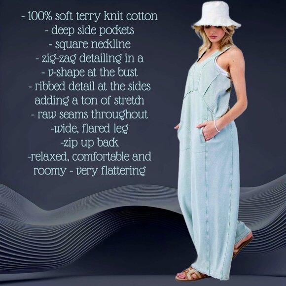 EASEL "Magical Muse" Mineral Washed Soft Terry Knit Wide Leg Loose Fit Jumpsuit - Picture 11 of 15